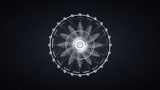 Silver chrome industrial mandala featuring mechanical gears and sacred geometry elements. Centered circular interface design with metallic textures on a dark background for sci-fi.