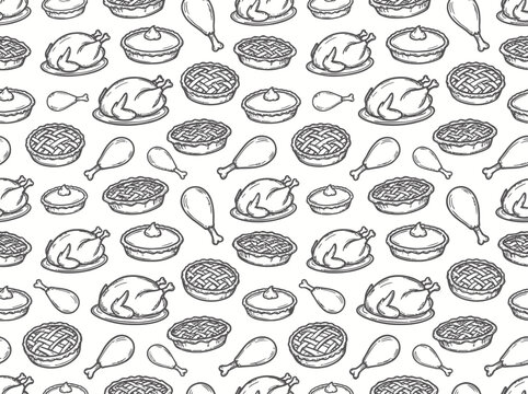 Seamless pattern with hand drawn roasted chicken and drumsticks on a white background for food design