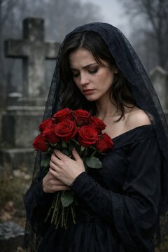 Melancholic widow in black veil holding red roses in a foggy cemetery background for memorial poster and funeral sympathy design
