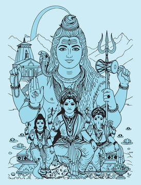 Lord Shiva and Parvati Hindu god Design Element. Sketch or Drawing of Shiva Parvati Outline Editable Vector Illustration