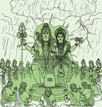 Lord Shiva and Parvati Hindu god Design Element. Sketch or Drawing of Shiva Parvati Outline Editable Vector Illustration