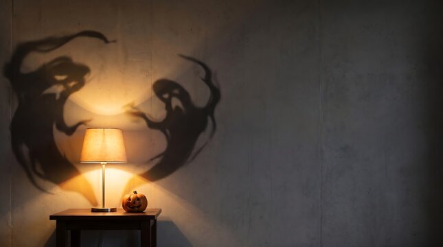 Ghost shadows on wall with Halloween pumpkin and lamp