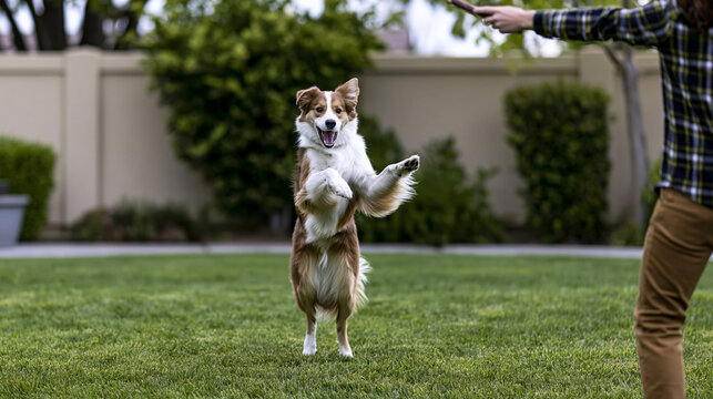 Happy dog jumping high on hind legs, eagerly playing fetch with owner in a green backyard lawn, representing pet companionship and outdoor activity