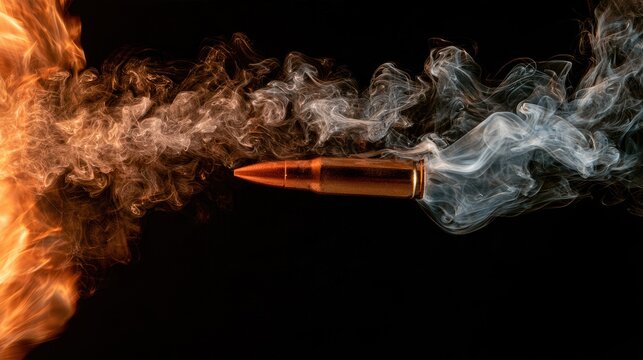 A speeding bullet engulfed in fire and smoke against a dark background
