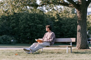 Obraz premium Man reading a book on a wooden park bench beneath a large tree, featuring soft and weathered textures for mindfulness and wellness projects