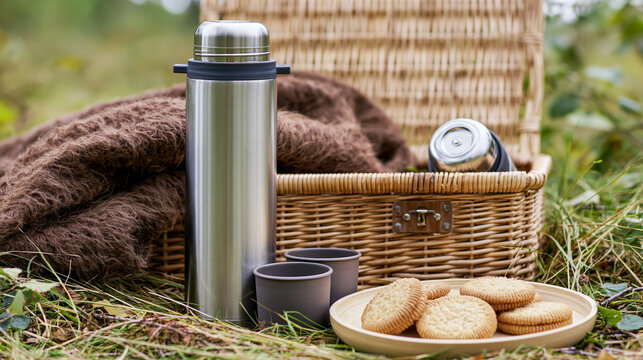 Picnic basket with thermos, cups, and cookies on a blanket in natural outdoor setting, symbolizing relaxation, leisure, and enjoying nature's tranquility