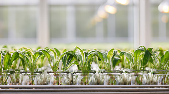 Rows of young green plants growing in glass jars inside a bright modern greenhouse, representing horticulture, biotechnology, and agricultural science research for sustainable cultivation, copy space