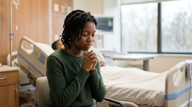 Young Black woman praying beside a patient in a hospital room, expressing faith, hope and emotional support