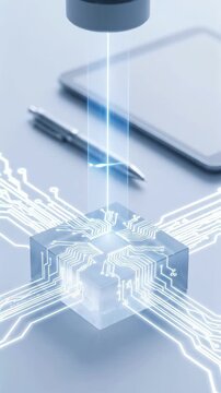 Futuristic Financial Audit Transparent Cube With Glowing Circuit Line, Digital Technology Workspace, Secure Analysis, Microchip Connections