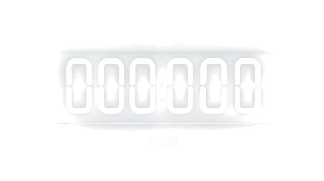 Digital timer display showing zero in glowing white led segments. Countdown clock and stopwatch user interface element. Isolated graphic on transparent background