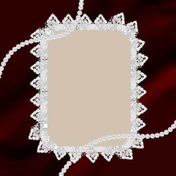 Vintage white lace border frame with pearl necklace on dark red background copy space