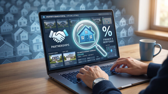 Laptop displaying property search portal with house listings, magnifying glass, finance icon. Symbolizes real estate investment, search, and mortgage process.