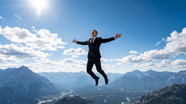 Man in suit jumping in air over mountain landscape, symbolizing success, freedom, and achievement.