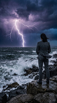Person in suit facing stormy sea with lightning, symbolizing resilience against challenges or powerful natural forces