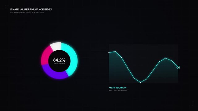 Data analytics interface showing glowing neon circular metrics and dynamic line graph tracking for business insights