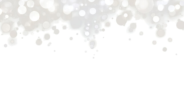 White bokeh lights and sparkles border on transparent background. Elegant silver glowing circles and winter snow effect. Festive holiday overlay design