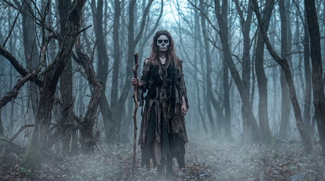 Una figura encapuchada con maquillaje de calavera sostiene un farol encendido en un bosque oscuro y brumoso. Una atm&oacute;sfera g&oacute;tica y misteriosa perfecta para Halloween o terror.
