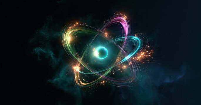 Glowing atom with orbiting energy rings, digital art, science, abstract