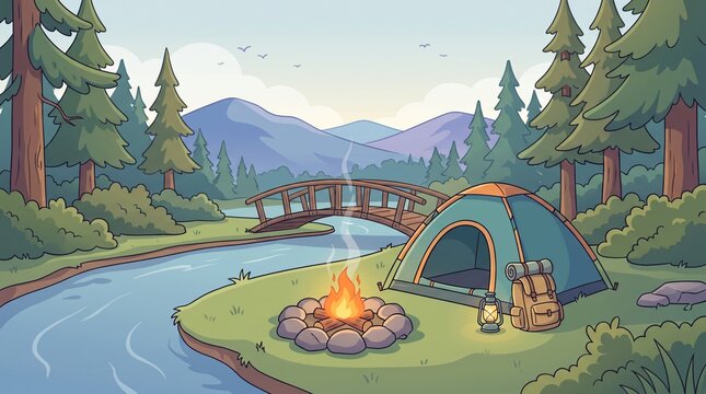 Camping Adventure in Nature with Tent and Campfire, Flat Vector Illustration