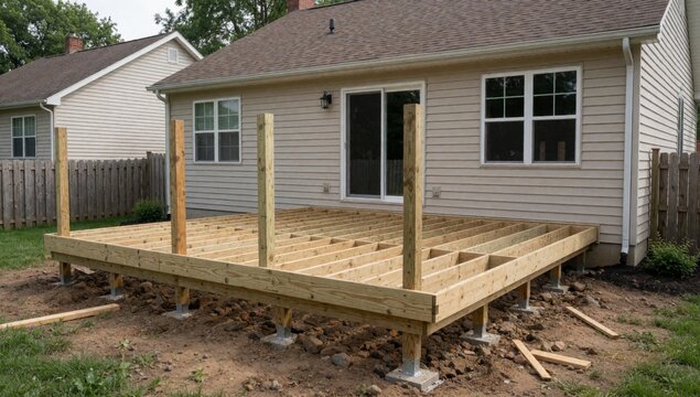Wooden deck built front house made planks supported posts two-story building beige exterior brown roof there w