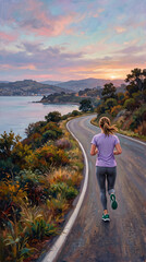 Fototapeta premium Painting of a person running on a winding road by the water at sunrise, symbolizing freedom, health, and morning activity