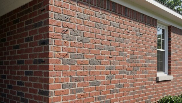 Close-up brick wall side house made red bricks arranged horizontal pattern overlapping each other appear old w