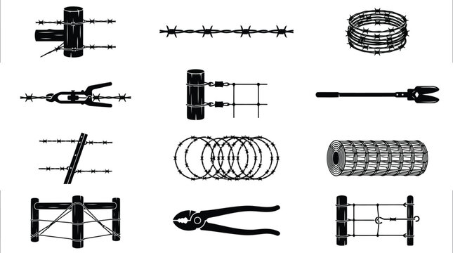 Barbed wire and fencing tools set including wire rolls, fence posts, pliers, and wire tensioners on a white background
