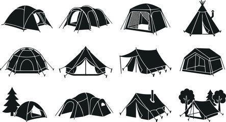 Collection of various camping tent silhouettes for outdoor travel and hiking, featuring dome, cabin, and teepee styles on white background © Mufti