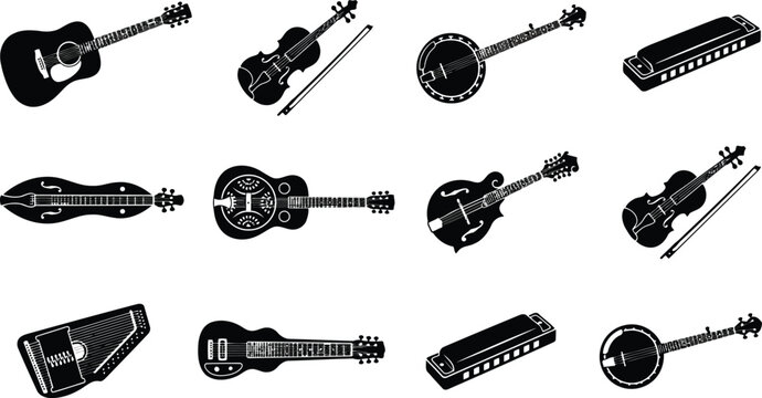 Musical instruments set featuring acoustic guitar, violin, banjo, harmonica, and dulcimer on a clean white background