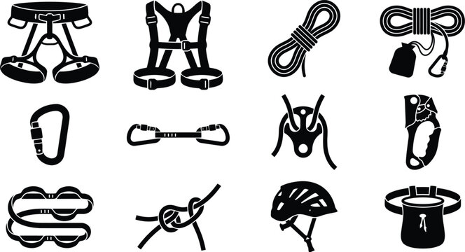 Rock climbing and mountaineering safety equipment set including harnesses, ropes, carabiners, helmets, and chalk bags in silhouettes