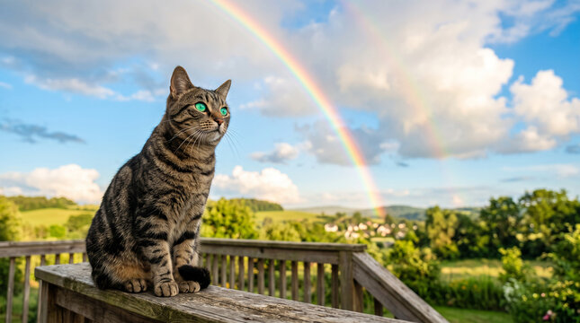 Tabby cat with striking green eyes sits on wooden railing, framed by a double rainbow and a scenic landscape, symbolizing wonder and nature's beauty.