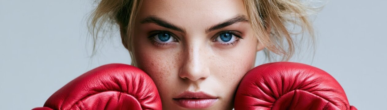 Close up portrait of a blonde woman holding red boxing gloves near her face