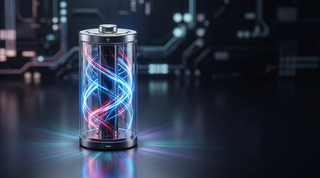 A transparent battery cylinder with swirling blue and red energy lines inside, representing power and technology, on a dark circuit board background.