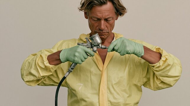 Person in yellow protective coveralls adjusting a professional spray gun in a paint booth for vehicle refinishing and industrial coating