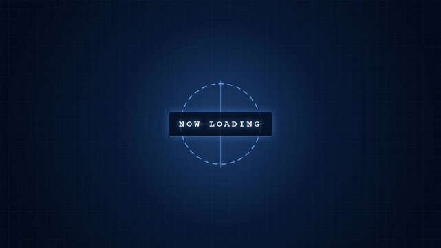 A glowing blue futuristic interface displays a "NOW LOADING" message. Rotating circular elements and digital lines animate against a dark background, representing a software loading screen.