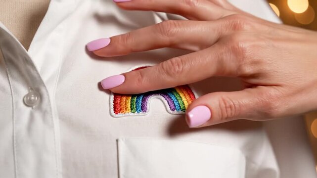 A woman's hand carefully places a vibrant rainbow-shaped patch onto the pocket of a white collared shirt, smoothing it into place against a soft background.