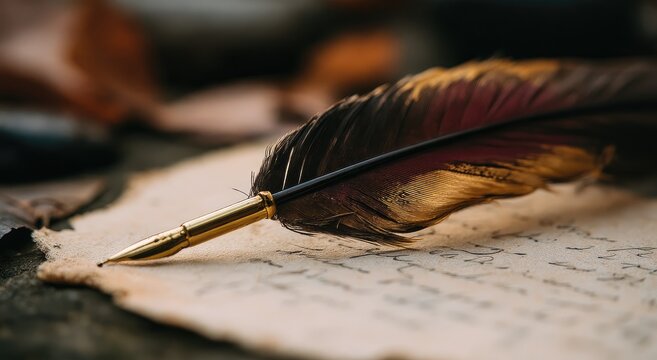 Antique quill pen poised above aged, handwritten parchment, outdoor setting