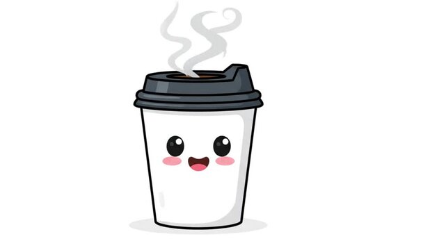 Cute cartoon paper coffee cup with smiling face and rising steam coffee shop
