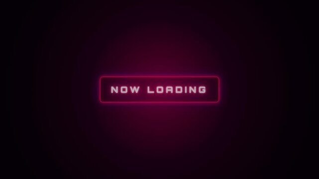 A sleek neon pink 'NOW LOADING' sign glows against a deep black background, pulsing softly in a modern gaming-style interface animation.