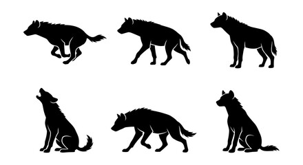 Obraz premium Collection of Hyena Silhouettes in Various Poses: Running, Walking, Howling, Sitting, and Standing
