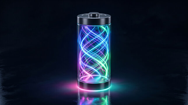 Glass cylinder with glowing neon energy swirls, symbolizing power, technology, and innovation