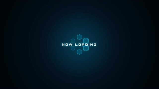 A futuristic blue 'NOW LOADING' screen with a glowing hexagonal icon against a dark background, evoking a high-tech gaming or system startup interface.