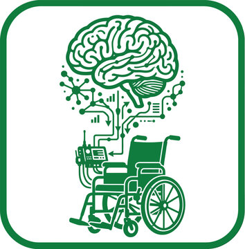 Green wheelchair control icon showing brain computer interface for mobility aid.