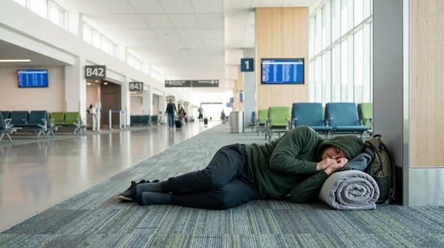 Tired traveler sleeping on the carpeted floor of an airport terminal. Exhausted passenger resting during a flight delay or overnight layover
