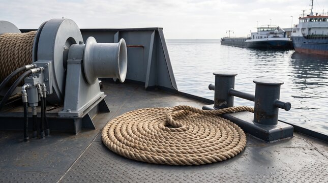 Close up of nautical equipment and mooring rope on a ship deck
