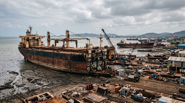Abandoned shipyard with rusty vessels and industrial landscape