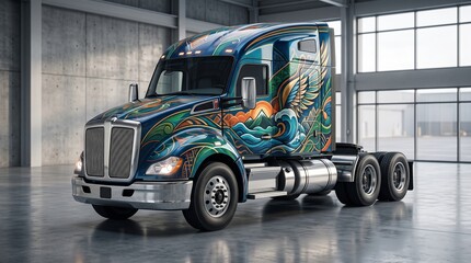 Fototapeta premium Vibrantly painted semi truck in industrial warehouse setting