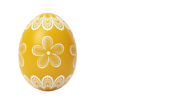 Mustard yellow easter egg decorated with intricate white floral patterns and scalloped lace border isolated on a transparent background