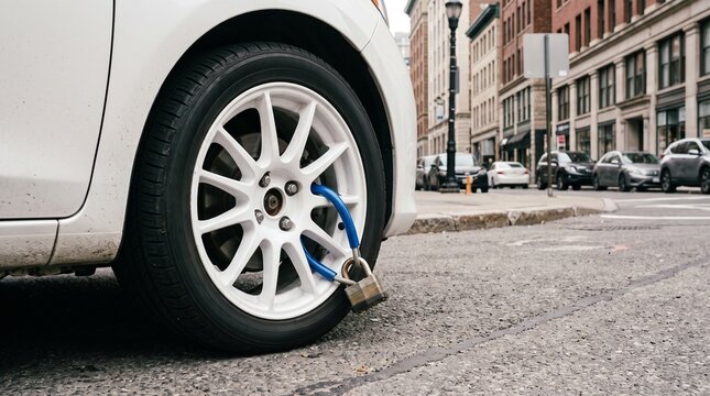 Secured car wheel with a padlock on a bustling urban street