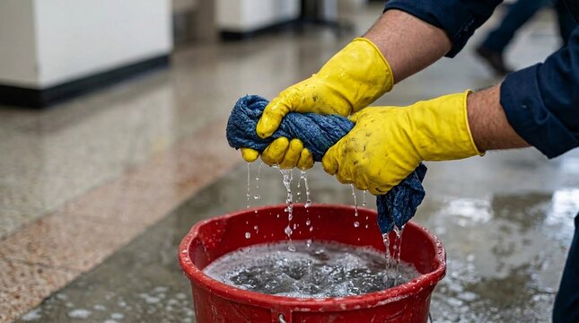 Close-up of a janitor wearing bright yellow rubber gloves wringing excess soapy water from a blue cleaning rag into a red plastic bucket.
